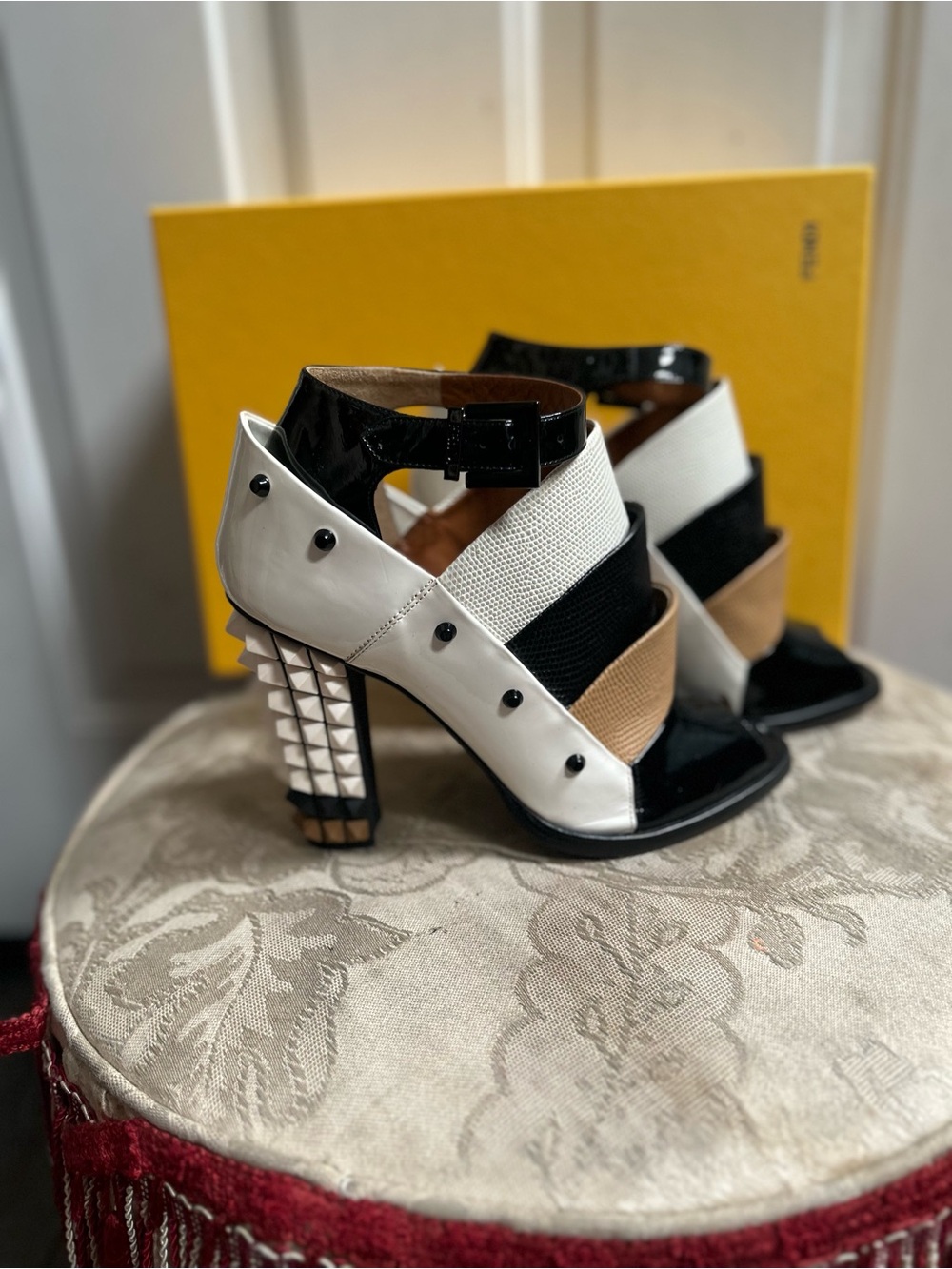 Fendi Polifonia tricolor black patent leather textured Lizard panel booties